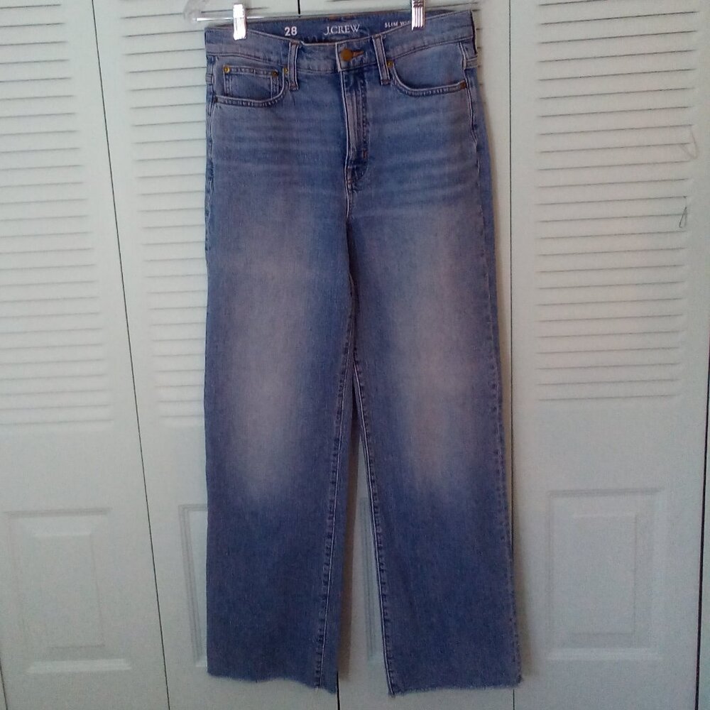 J. CREW 28 SLIM WIDE LEG RAW HEM HIGH RISE STYLE#BR863 SP23 INDIGO BLUE MED WASH